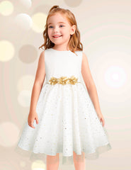 Vestido de Fiesta Blanco con Brillos Dorados y Flores para Niñas 3 a 8 Años - Gerat
