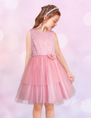 Vestido Junior de Fiesta Rosa con Brillos y Moño para Niñas de 8 a 14 Años Gerat