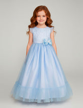 Vestido Gerat Azul de Fiesta Largo con Tul y Moño para Niñas de 3 a 10 Años