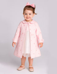 Conjunto para niña rosa con vestido blanco y abrigo estampado floral – Gerat