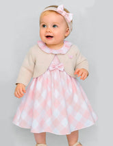 Vestido de bebé con torero tejido y moño Cuadro rosa pastel Gerat