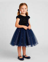 Vestido de Fiesta Azul Marino con Tul y Perlas para Niñas | Tallas 2 a 6