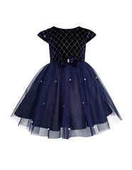Vestido de Fiesta Azul Marino con Tul y Perlas para Niñas | Tallas 2 a 6