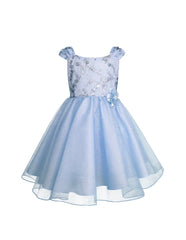 Vestido de Gala Corto en Tul Celeste con Corpiño de Lentejuelas Plateadas