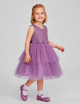 Vestido de Fiesta en Tul Púrpura con Corpiño de Lentejuelas y Moñ- Gerat