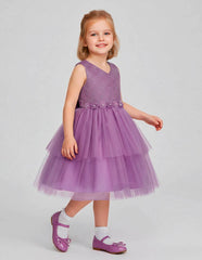 Vestido de Fiesta en Tul Púrpura con Corpiño de Lentejuelas y Moñ- Gerat