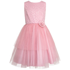 Vestido Junior de Fiesta Rosa con Brillos y Moño para Niñas de 8 a 14 Años Gerat