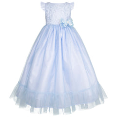 Vestido Gerat Azul de Fiesta Largo con Tul y Moño para Niñas de 3 a 10 Años