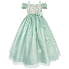 Vestido de Fiesta Verde para Niña con Mariposas y Moño – Gerat