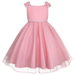 Vestido rosa de fiesta para niñas con tul y moños brillantes | Gerat