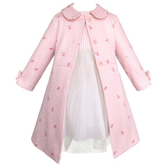 Conjunto para niña rosa con vestido blanco y abrigo estampado floral – Gerat