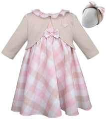 Vestido de bebé con torero tejido y moño Cuadro rosa pastel Gerat