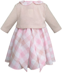 Vestido de bebé con torero tejido y moño Cuadro rosa pastel Gerat