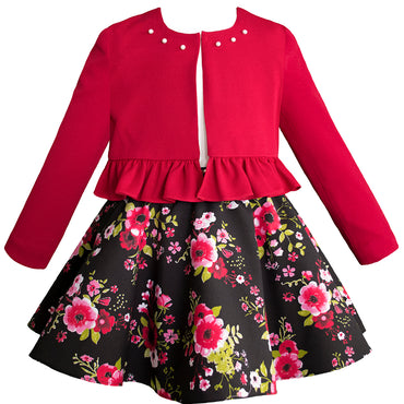 Conjunto blusa falda y saco color negro con rojo