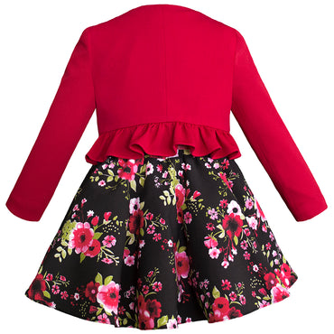 Conjunto blusa falda y saco color negro con rojo
