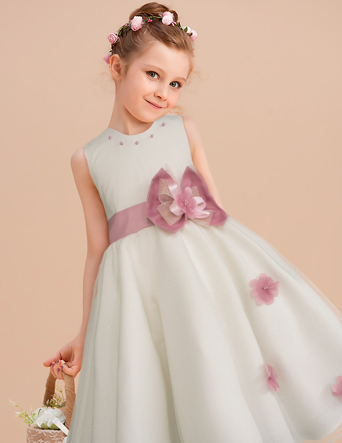 Vestido de fiesta Gerat para niña color hueso con rosa