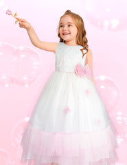Vestido de Fiesta Blanco y Rosa con Tul y Flores – Gerat