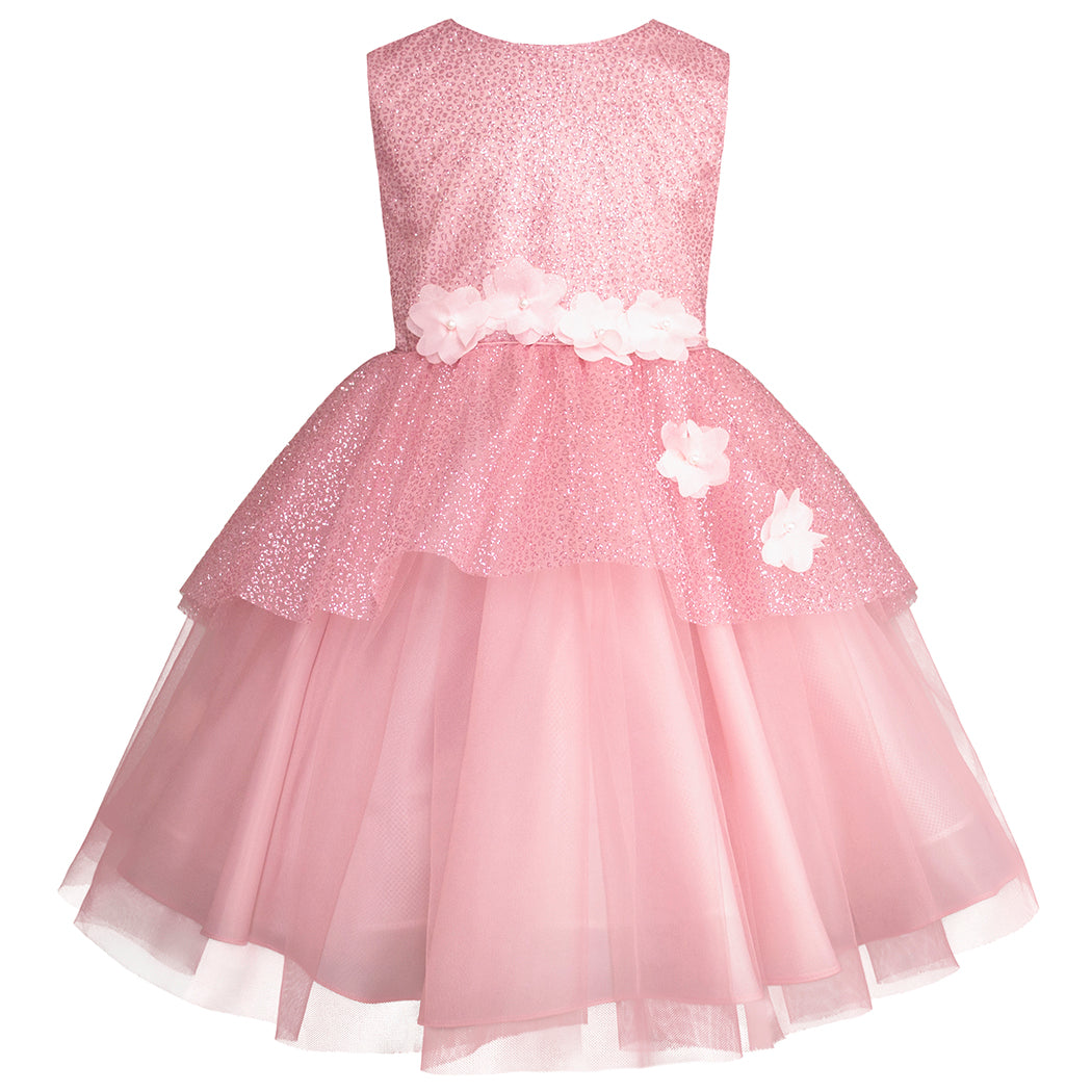 Vestido de Fiesta Rosa Palo con Brillos y Flores 3D para Niñas 3 a 8 Años - Gerat