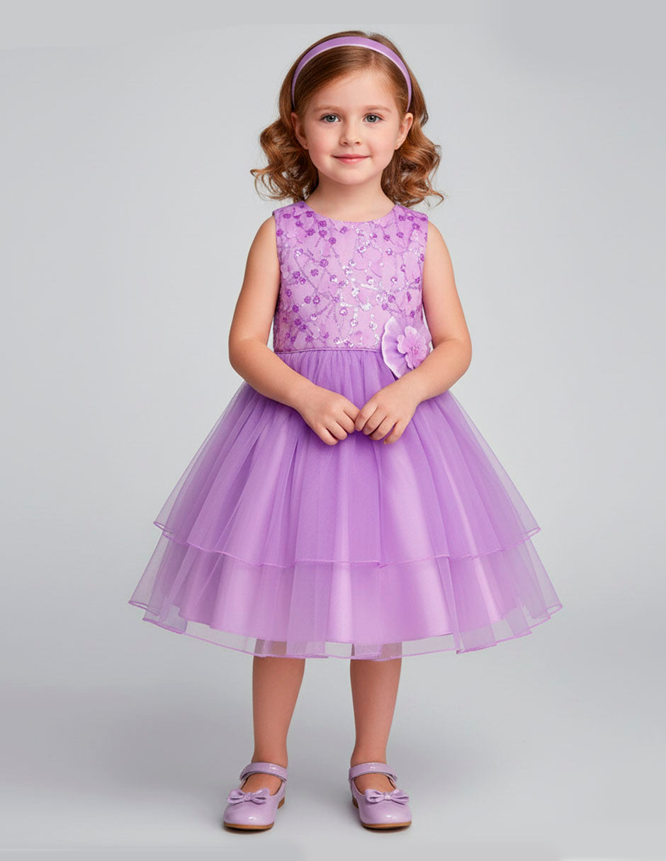 Vestido Gerat Lila de Fiesta con Tul y Flor para Niñas de 3 a 8 Años