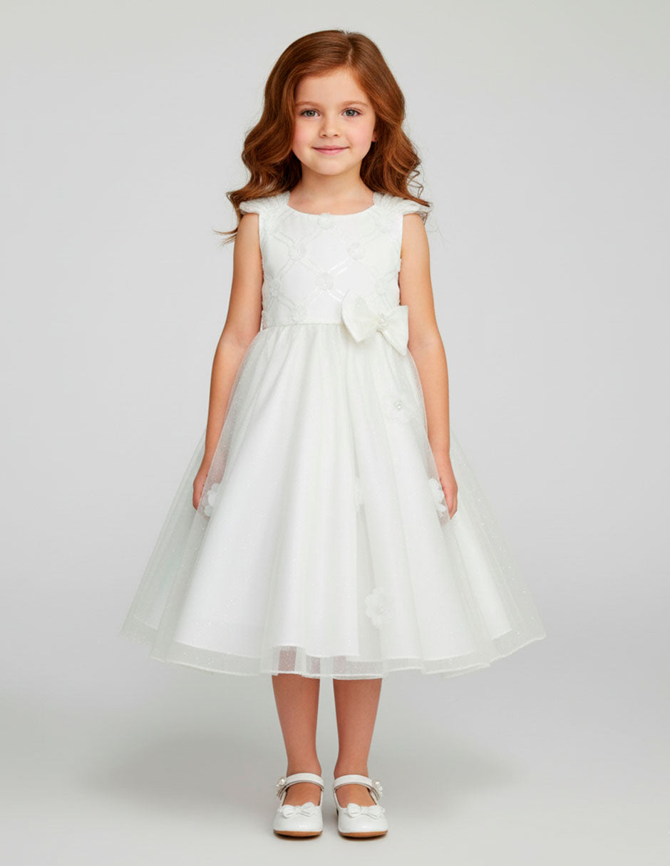 Vestido Blanco de Primera Comunión para Niña con Moño y Flores | Gerat