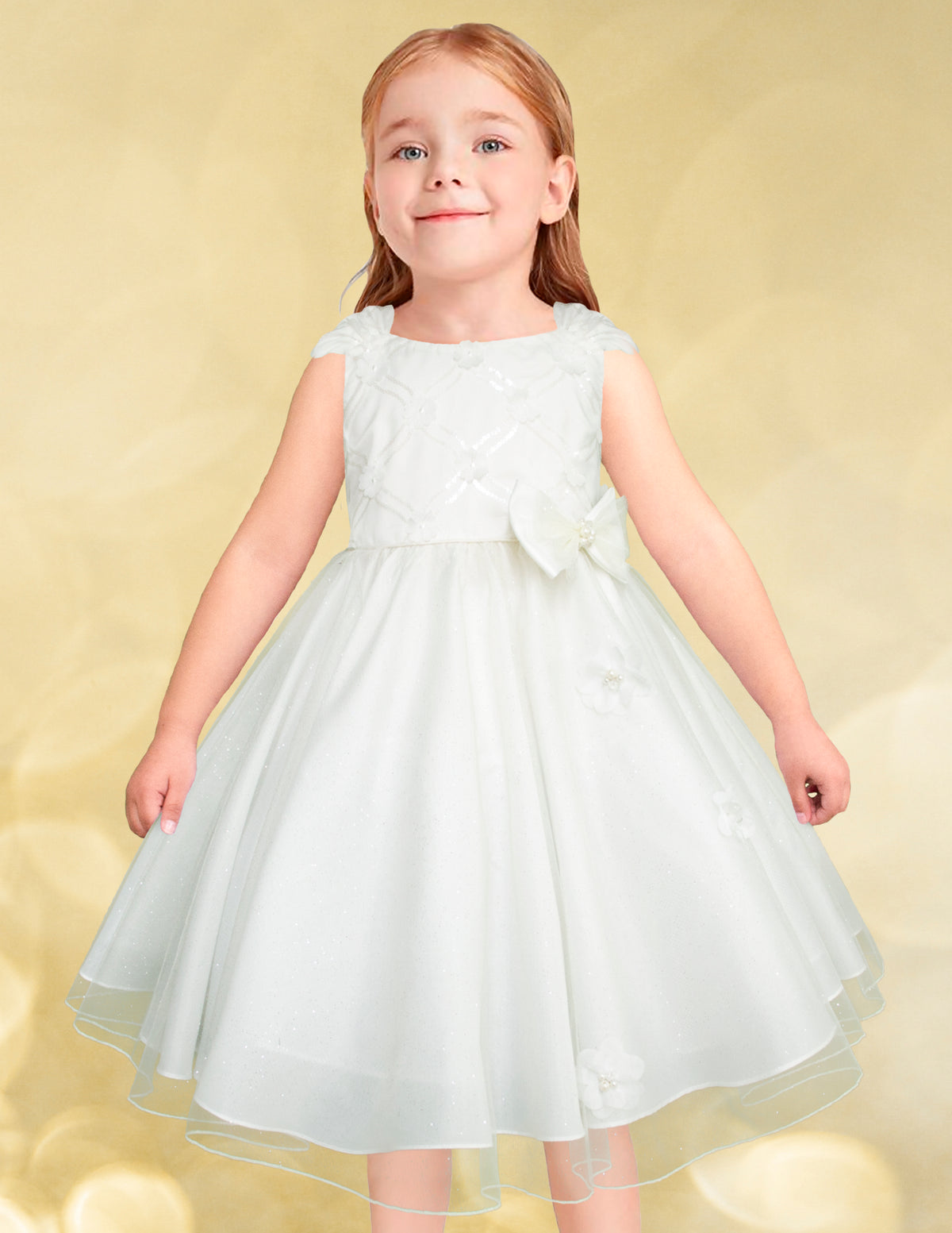 Vestido Blanco de Primera Comunión para Niña con Moño y Flores | Gerat