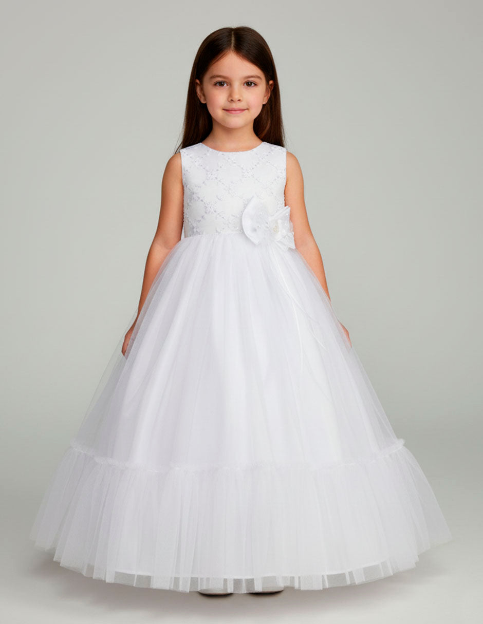 Vestido Blanco Largo de Fiesta para Niña con Moño | Gerat