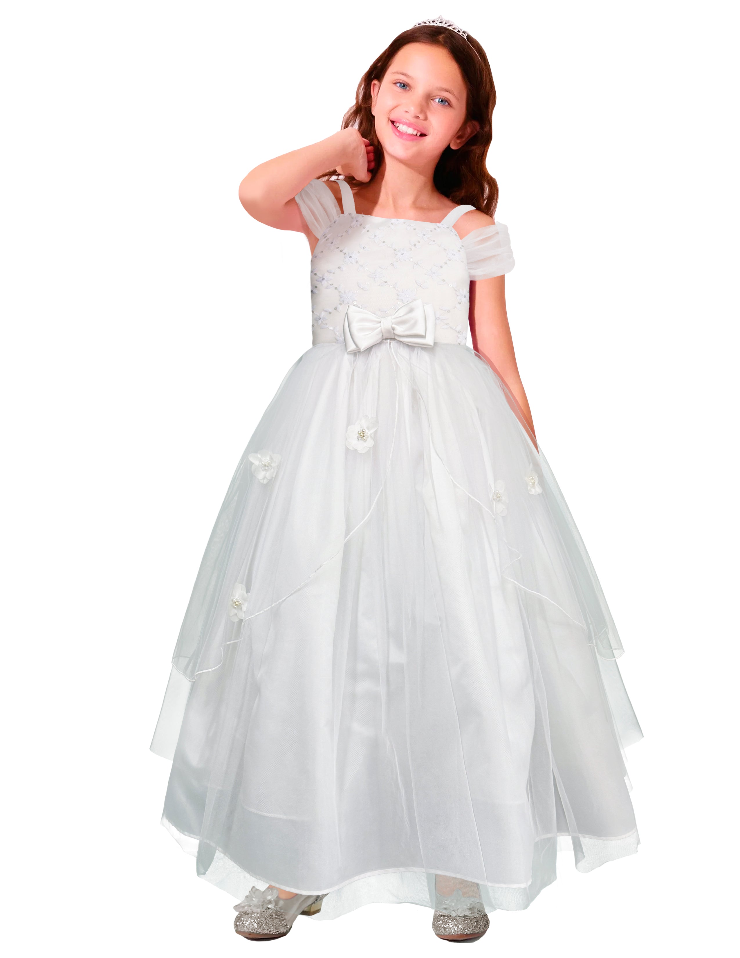 Vestido de Primera Comunión para Niña con Flores y Moño Tallas 10-14 ...