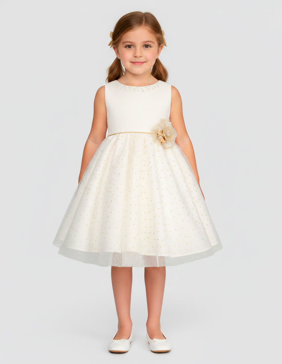 Vestido para Niñas Color Hueso con Detalles Dorados | Gerat