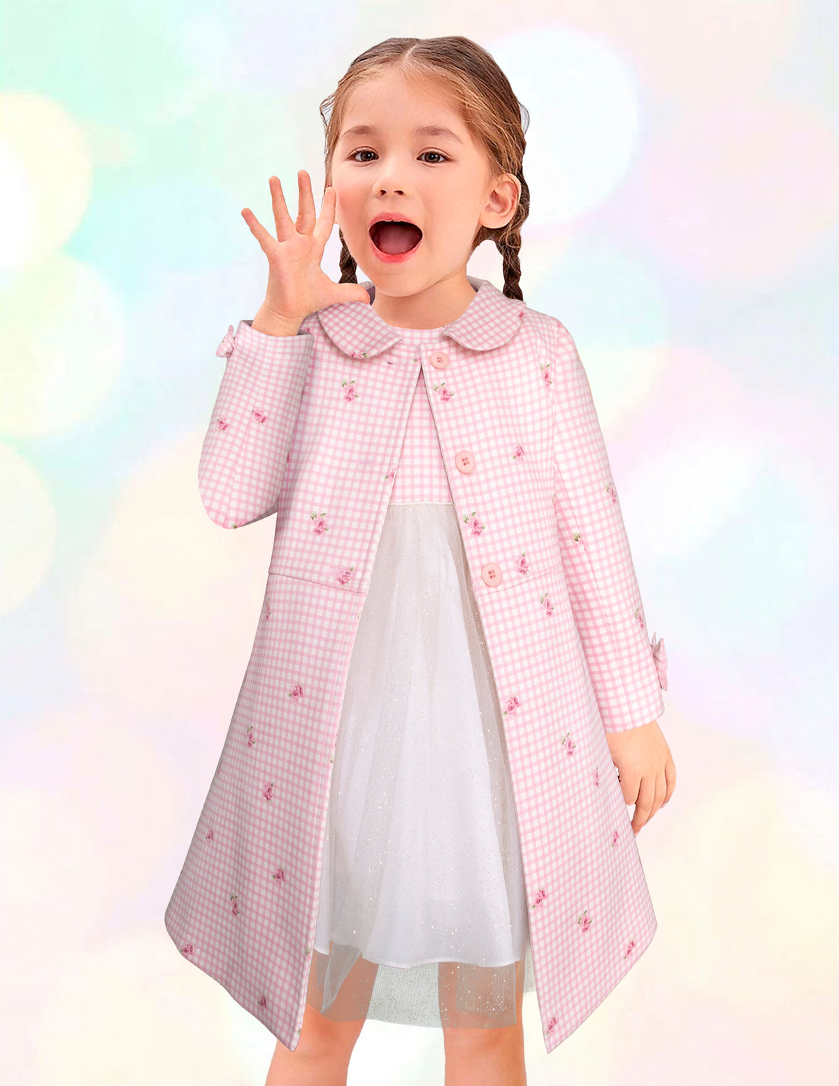 Conjunto para niña rosa con vestido blanco y abrigo estampado floral – Gerat