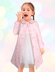 Conjunto para niña rosa con vestido blanco y abrigo estampado floral – Gerat