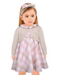 Vestido de bebé con torero tejido y moño Cuadro rosa pastel Gerat