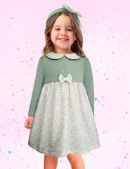 Vestido tejido con falda floreada y diadema para bebé niña Verde pastel Gerat