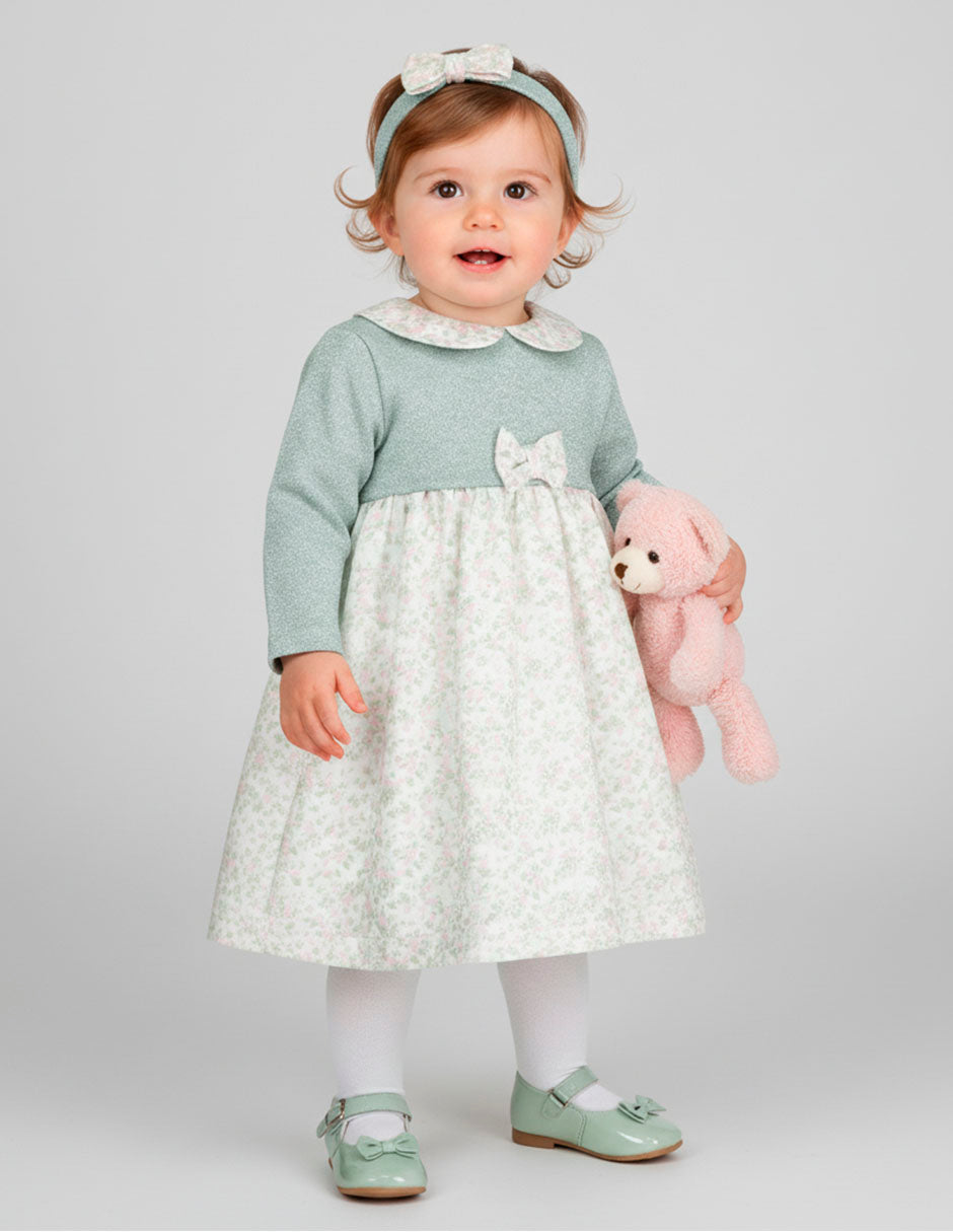 Vestido tejido con falda floreada y diadema para bebé niña Verde pastel Gerat