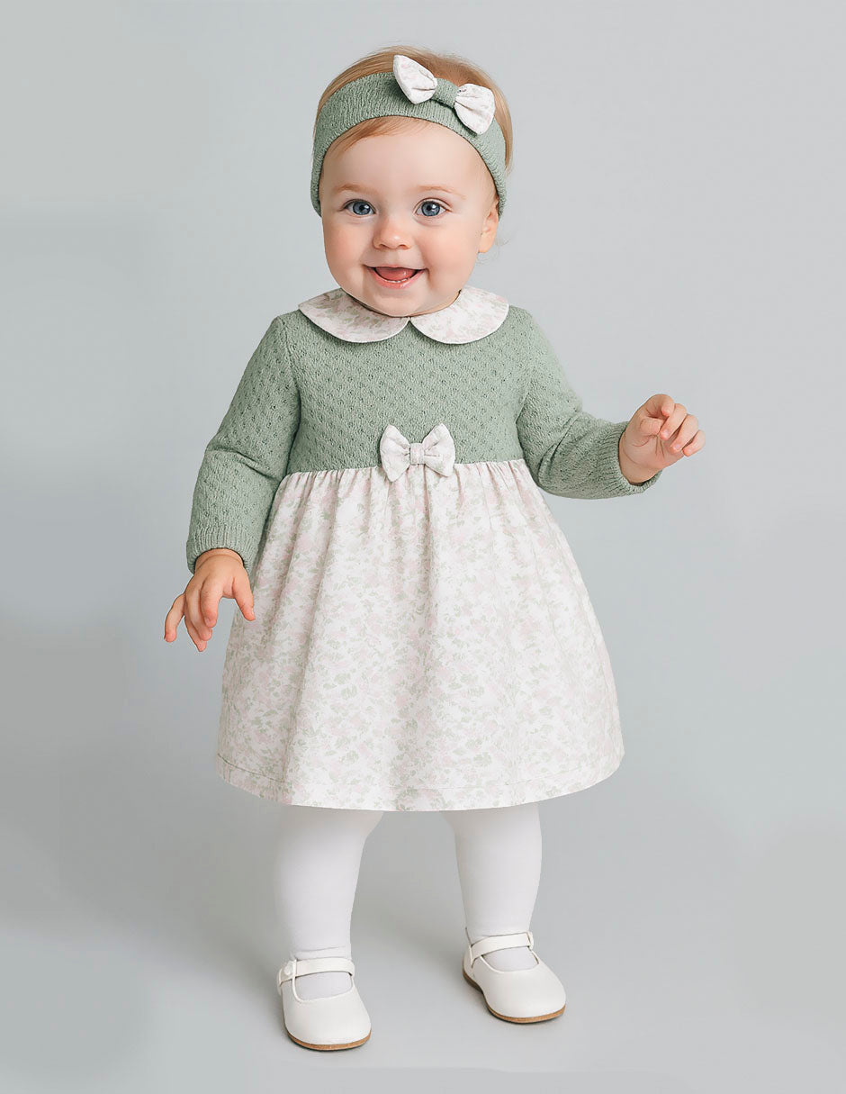 Vestido tejido con falda floreada y diadema para bebé niña Verde pastel Gerat