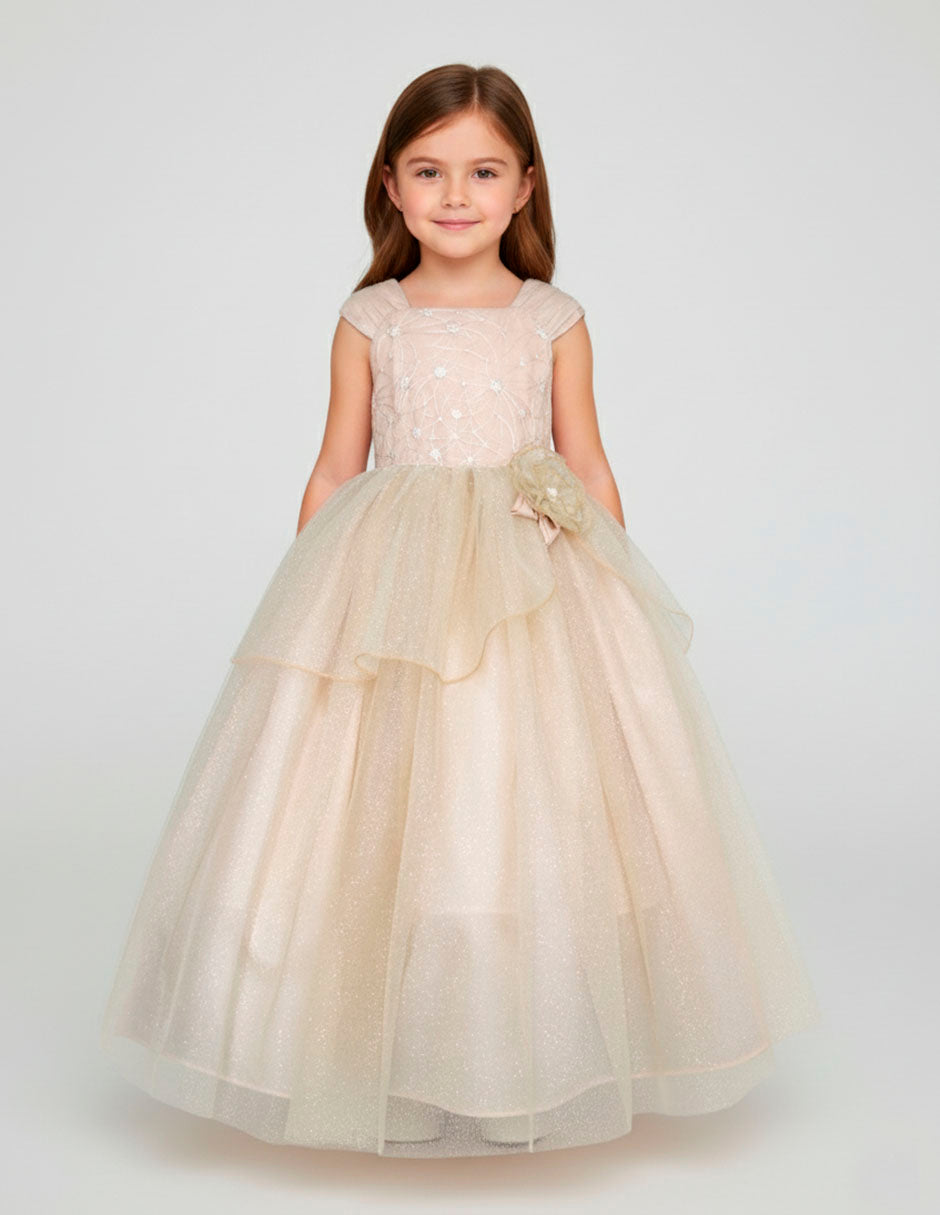 Vestido de Fiesta para Niña Color Dorado con Brillos y Flor | Gerat