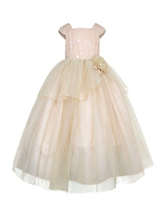 Vestido de Fiesta para Niña Color Dorado con Brillos y Flor | Gerat