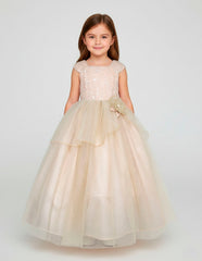 Vestido de Fiesta para Niña Color Dorado con Brillos y Flor | Gerat