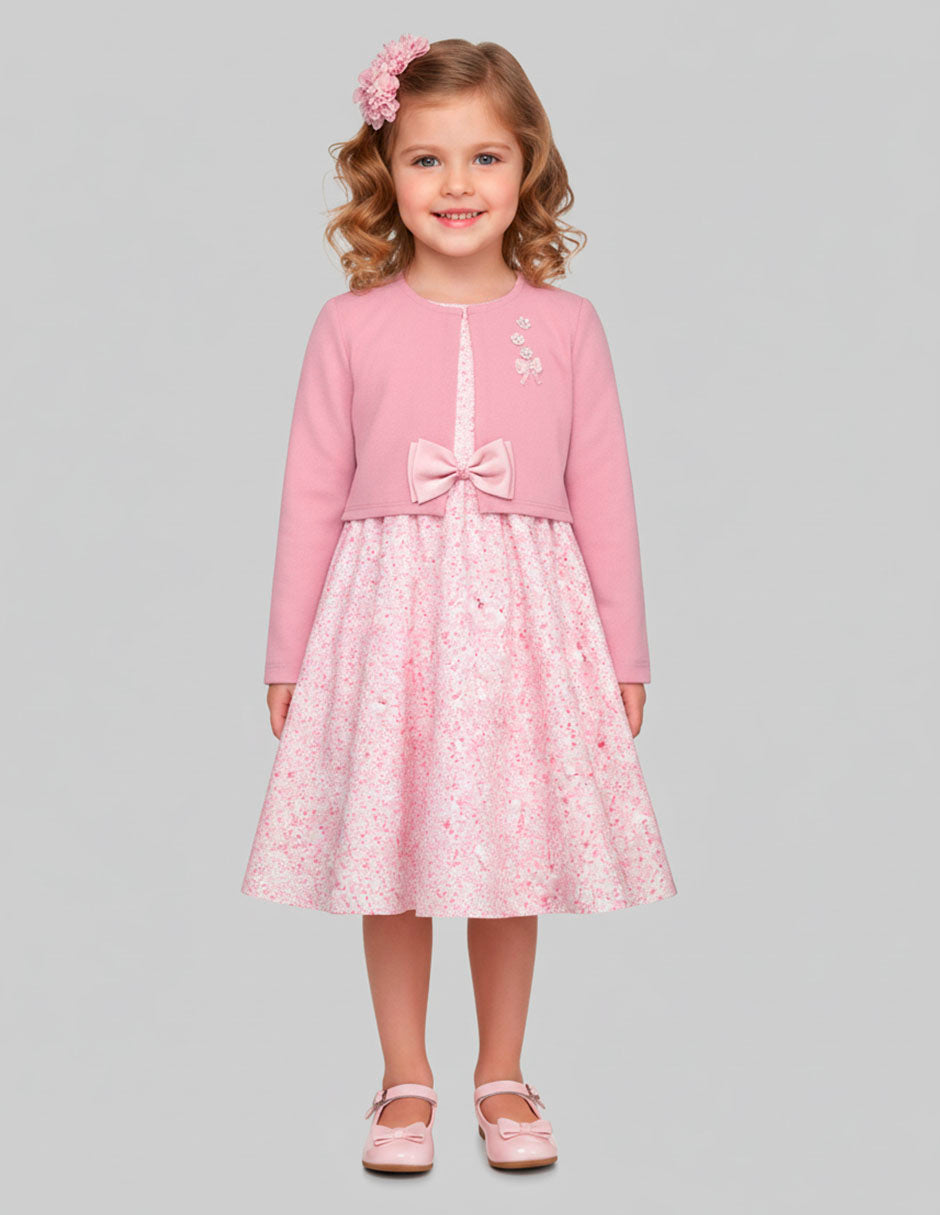 Vestido rosa floral para niña con moño y torerita | Gerat | Tallas 3 a 10