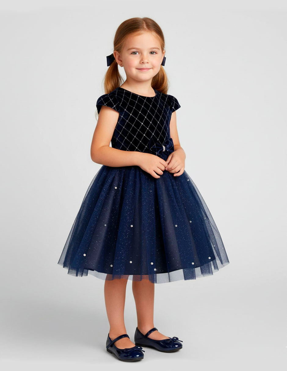 Vestido de Fiesta Azul Marino con Tul y Perlas para Niñas | Tallas 2 a 6