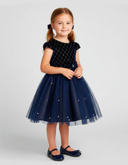 Vestido de Fiesta Azul Marino con Tul y Perlas para Niñas | Tallas 2 a 6