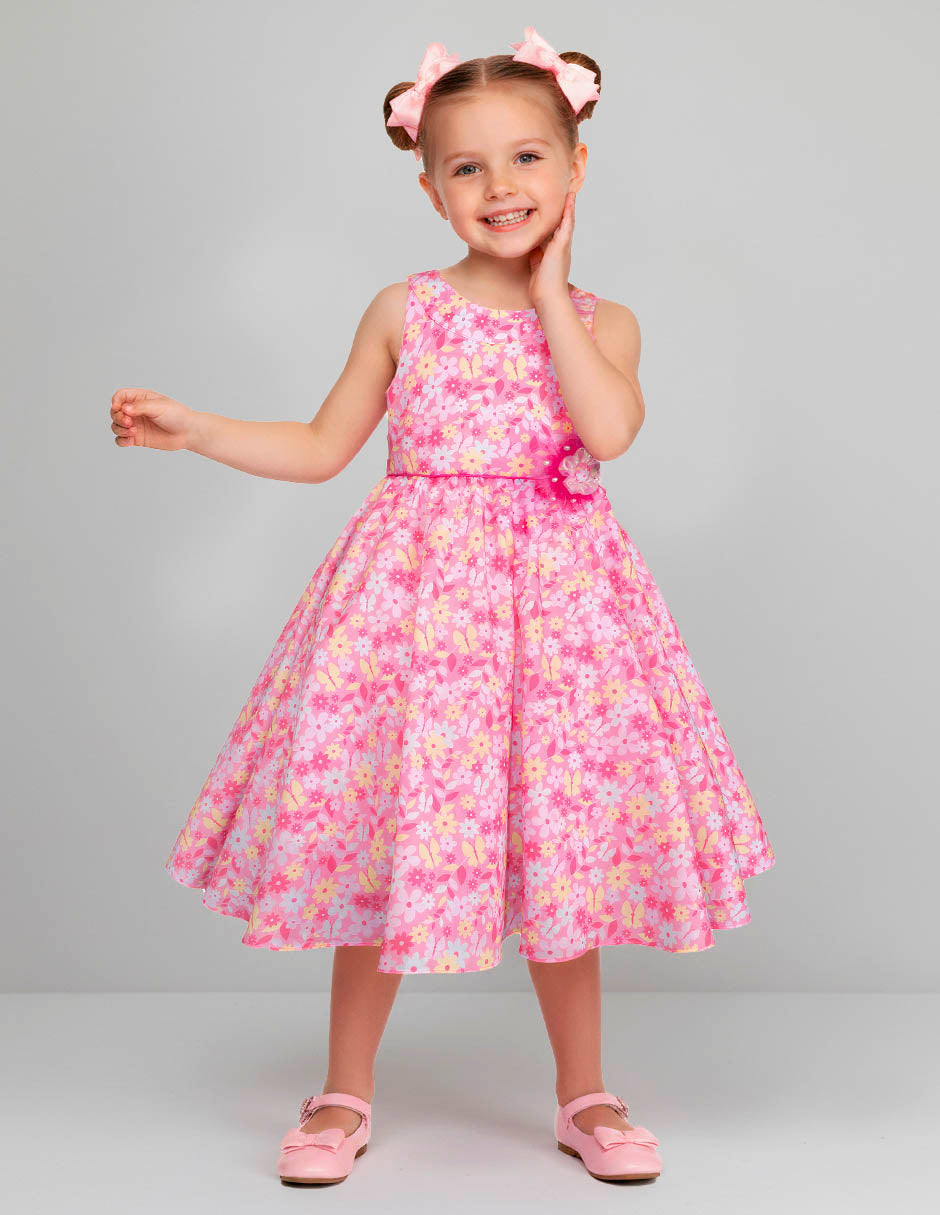 Vestido Primavera Rosa Fiusha para Niñas | Vestido Floreado Elegante Tallas 3 a 10