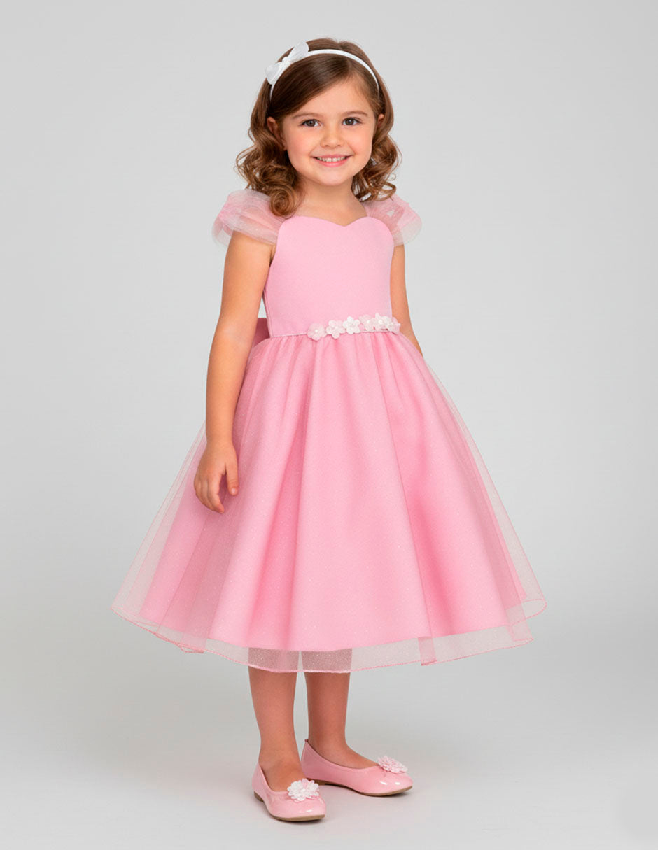 Vestido Rosa de Fiesta para Niñas con Tul y Detalle Floral | Tallas 3, 4, 6 y 8