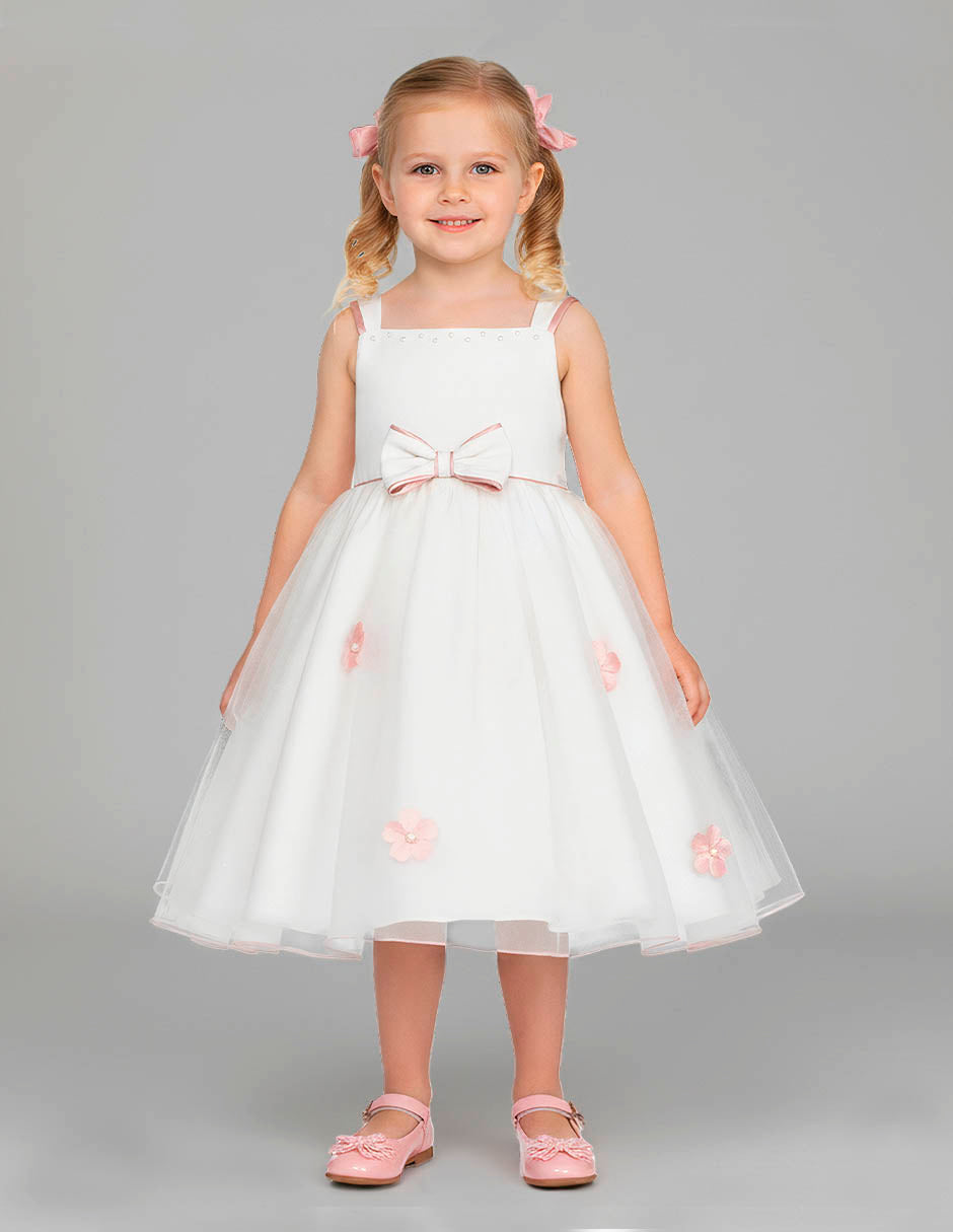 Vestido de Fiesta para Niña Color Hueso con Detalles Palo de Rosa|Gerat