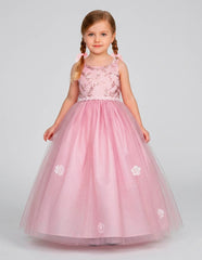 Vestido de Gala Palo de rosa con Bordado Floral y Tul de Lujo Gerat