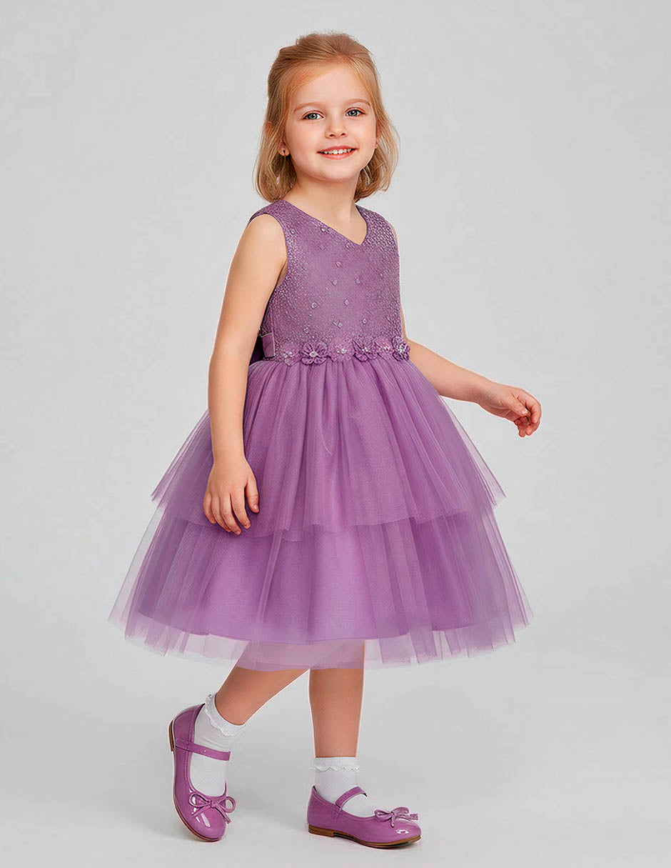 Vestido de Fiesta en Tul Púrpura con Corpiño de Lentejuelas y Moñ- Gerat