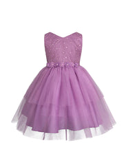 Vestido de Fiesta en Tul Púrpura con Corpiño de Lentejuelas y Moñ- Gerat