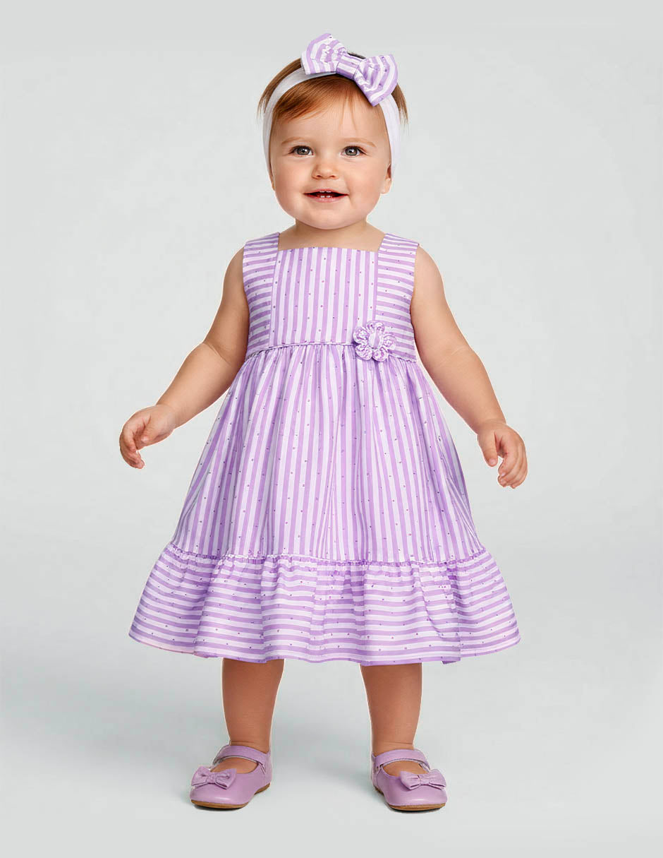 Bata para bebésa Rayas Lila con Detalles de Puntos y bandana a Juego