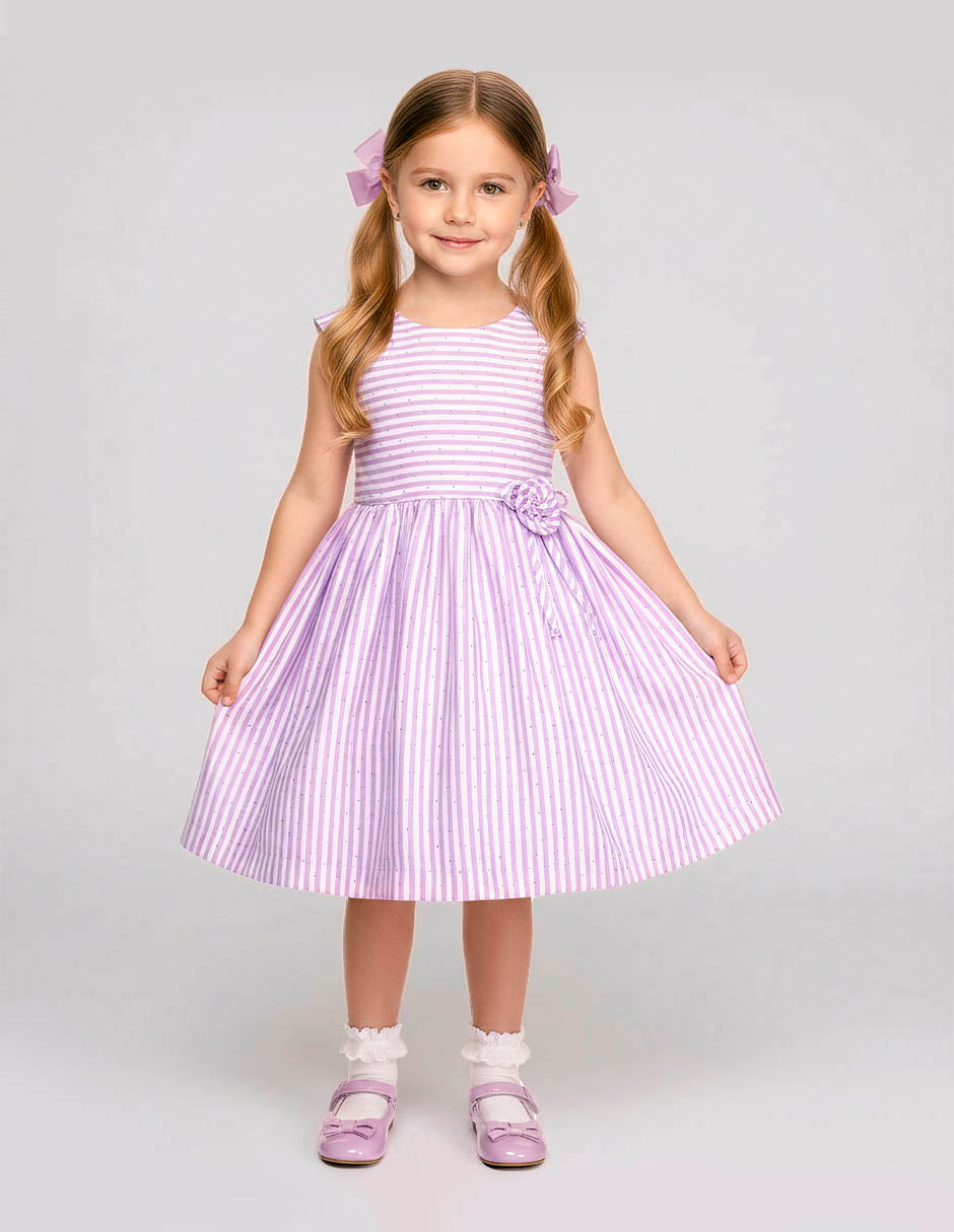 Vestido Infantil a Rayas Lila con Espalda en "V" y Lazo Posterior