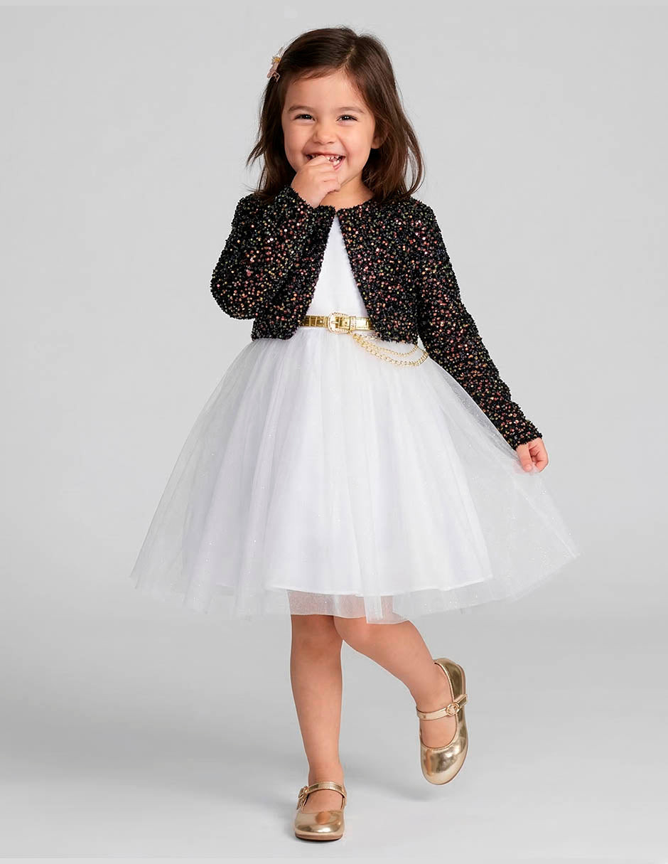 Conjunto de Gala 3 Piezas "K-Pop Idol Style": Vestido de Tul Blanco, Torera de Lentejuelas y Belt-Chain Dorado