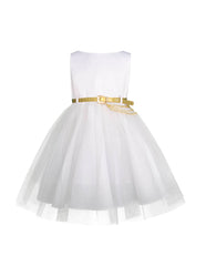 Conjunto de Gala 3 Piezas "K-Pop Idol Style": Vestido de Tul Blanco, Torera de Lentejuelas y Belt-Chain Dorado